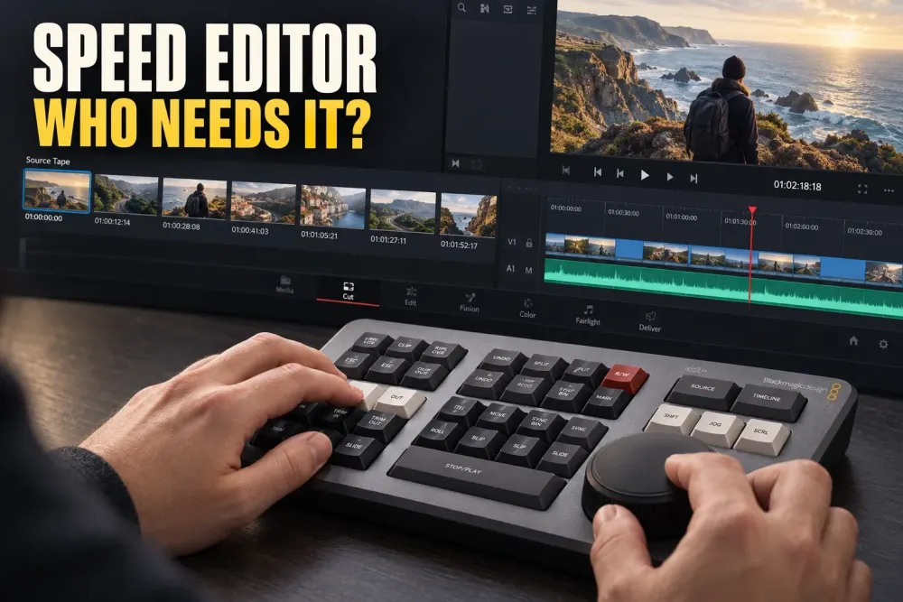 DaVinci Resolve Speed Editor under hands beside the Cut page Source Tape and timeline