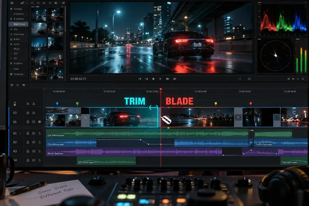 DaVinci Resolve timeline comparing Trim and Blade at the same edit point