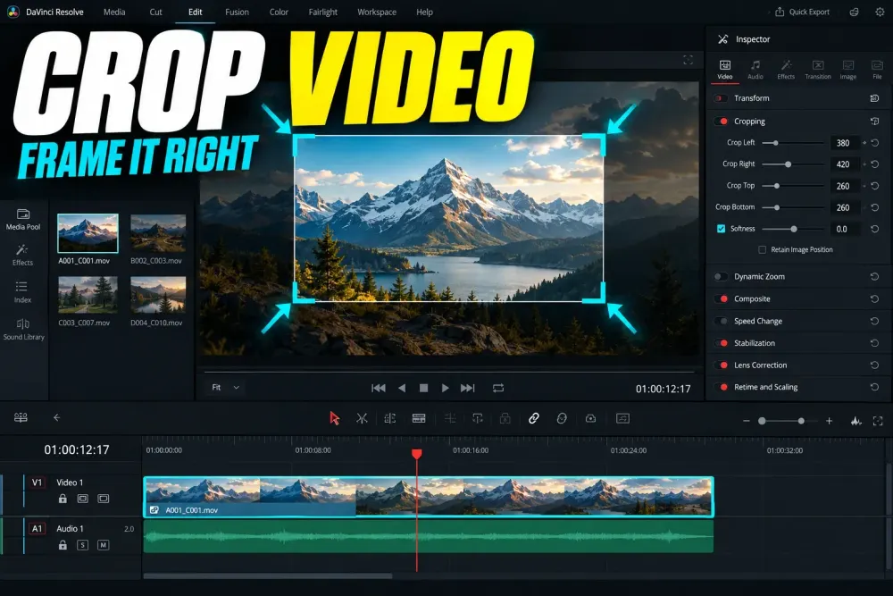 DaVinci Resolve Edit page with crop controls and corner handles active on a video clip