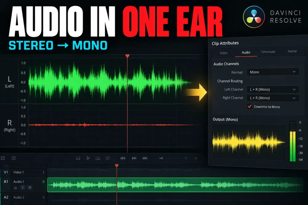DaVinci Resolve Clip Attributes panel mapping a stereo audio clip to mono playback