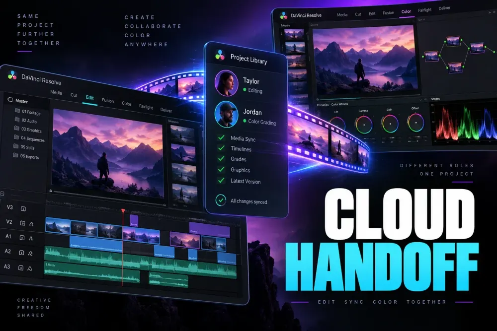 DaVinci Resolve collaboration workspace with media sync relink status and collaborator indicators