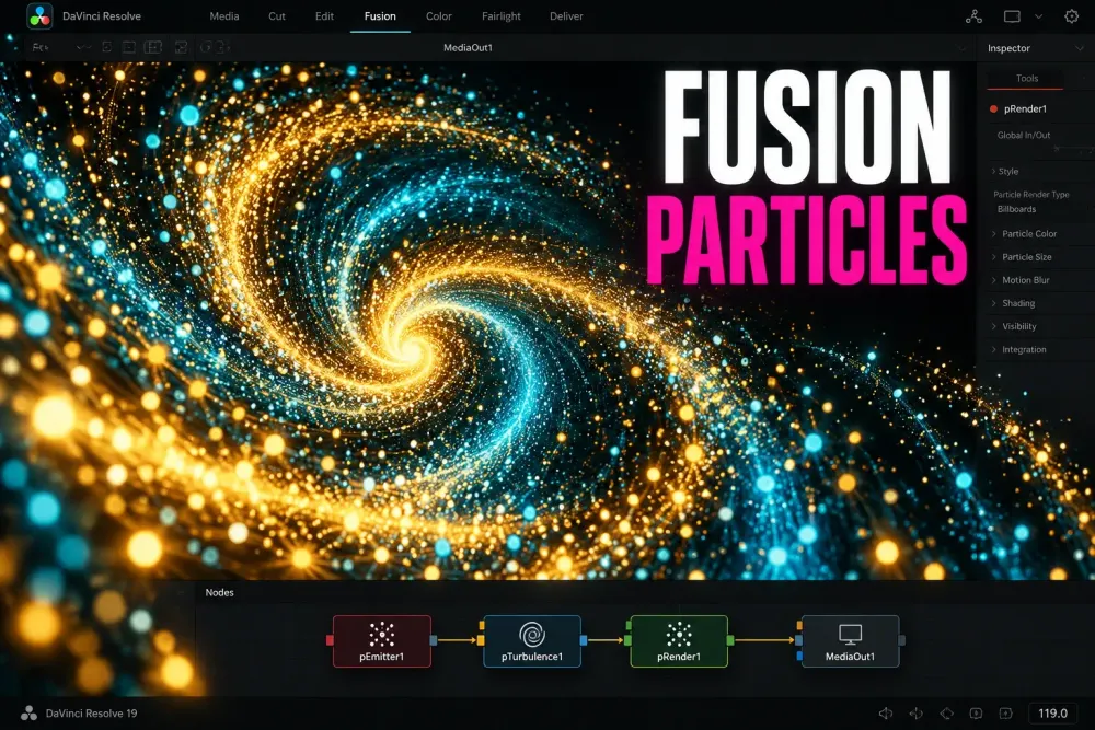 DaVinci Resolve Fusion page with a particle emitter node flow and particles visible in the viewer