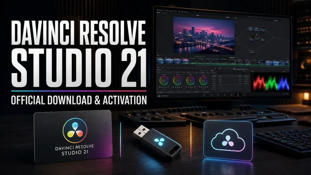 DaVinci Resolve Studio 21 official download with activation key dongle and Blackmagic Cloud license paths
