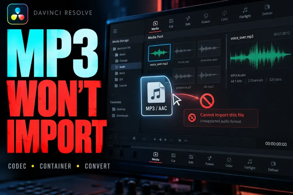 DaVinci Resolve Media page diagnosing an MP3 or AAC file that will not import
