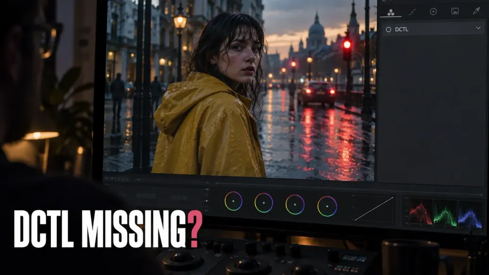 Color-grading monitor with a city film frame and an empty DCTL controls area
