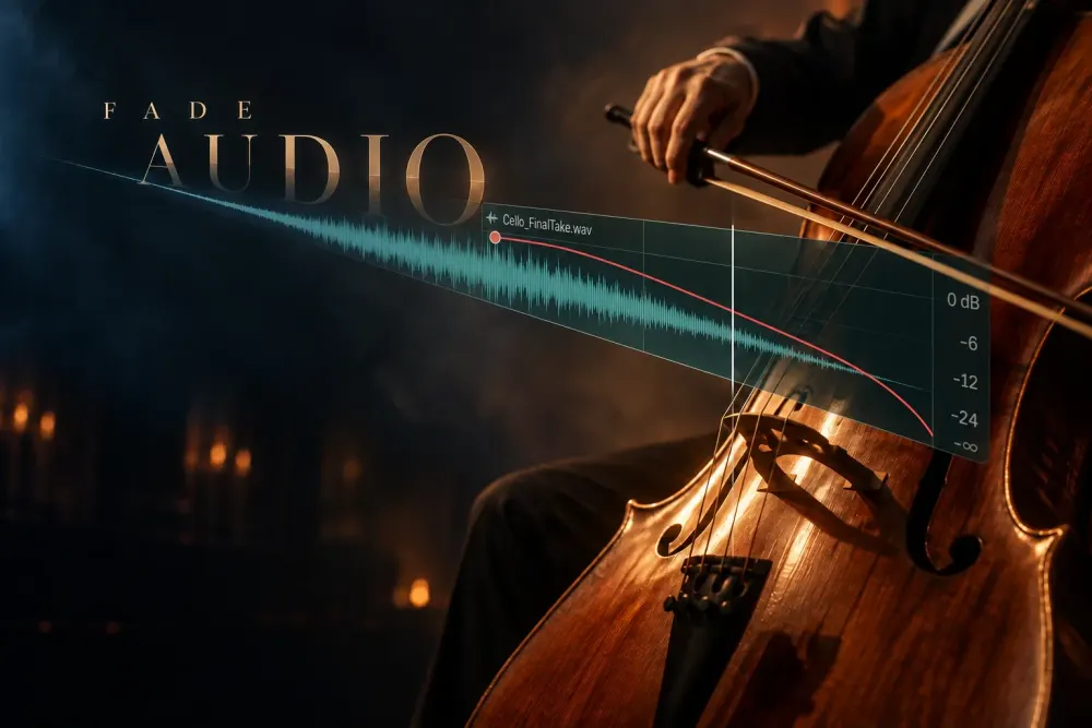 Cellist with a DaVinci Resolve audio waveform and descending fade curve toward silence