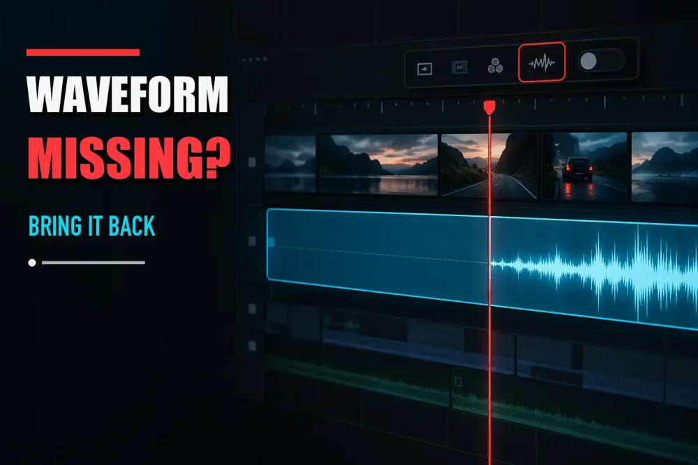 DaVinci Resolve-style timeline showing a missing waveform before the playhead and a visible waveform after it