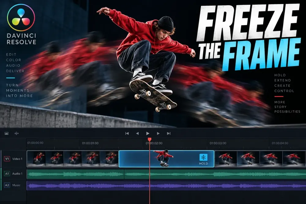 DaVinci Resolve Edit page with a marked freeze-frame section and speed controls open