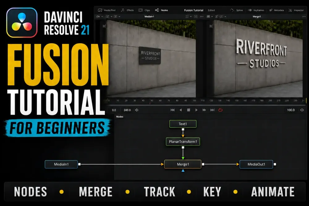 DaVinci Resolve Fusion beginner tutorial with a tracked wall title and Text+ to Planar Transform node workflow