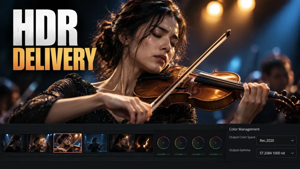 Violinist under warm stage lights with HDR DELIVERY text and Rec.2020 ST.2084 output controls