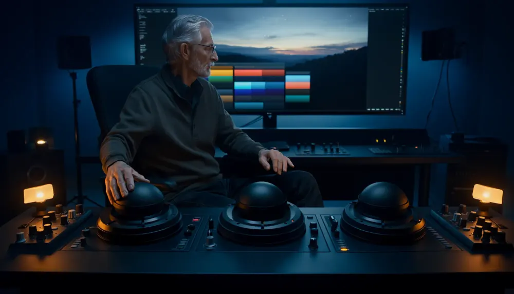 Colorist at a grading console with three large wheels, a monitor showing a mountain scene and tonal color controls