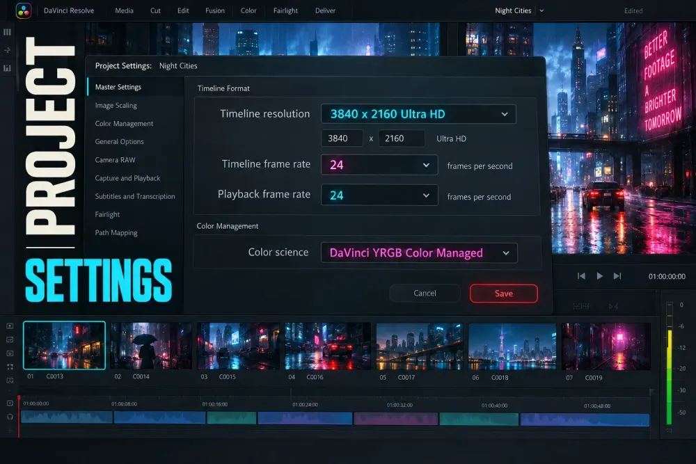 DaVinci Resolve Project Settings over a night-city timeline with UHD resolution, 24 fps and DaVinci YRGB Color Managed selected