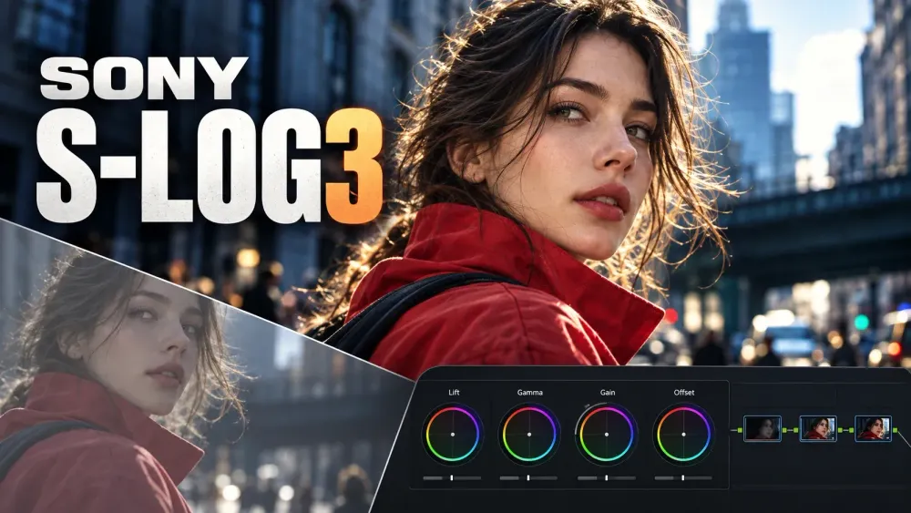 Sony S-Log3 color grading with a flat inset and a balanced red-jacket portrait