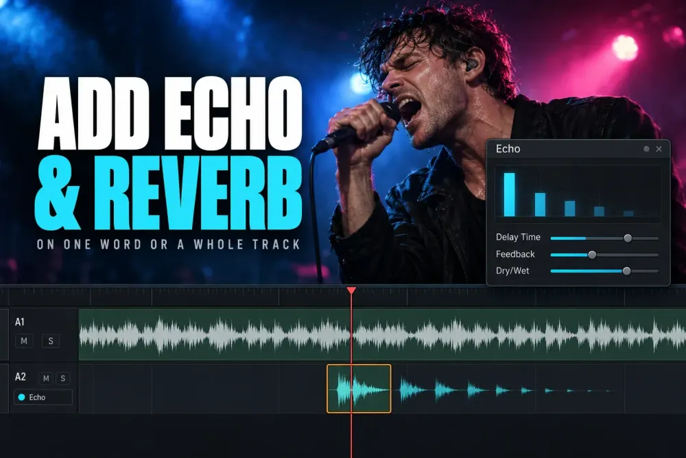 Singer shouting into a stage microphone under blue and magenta lights, above a timeline where a short clip on A2, with Echo on the track, rings out past its end beside the Echo window