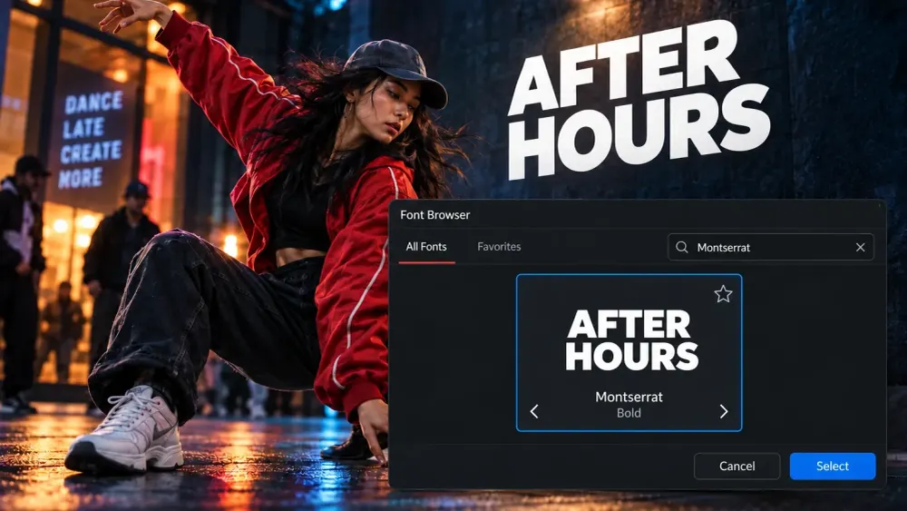 A night street-dance title with Montserrat Bold selected in Resolve’s Font Browser.