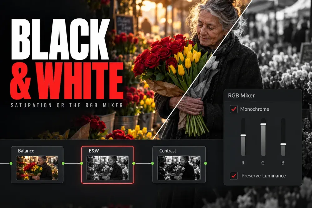 Flower seller with red roses and yellow tulips, half in color and half in black and white, above nodes Balance, B&W and Contrast and an RGB Mixer with Monochrome and Preserve Luminance on