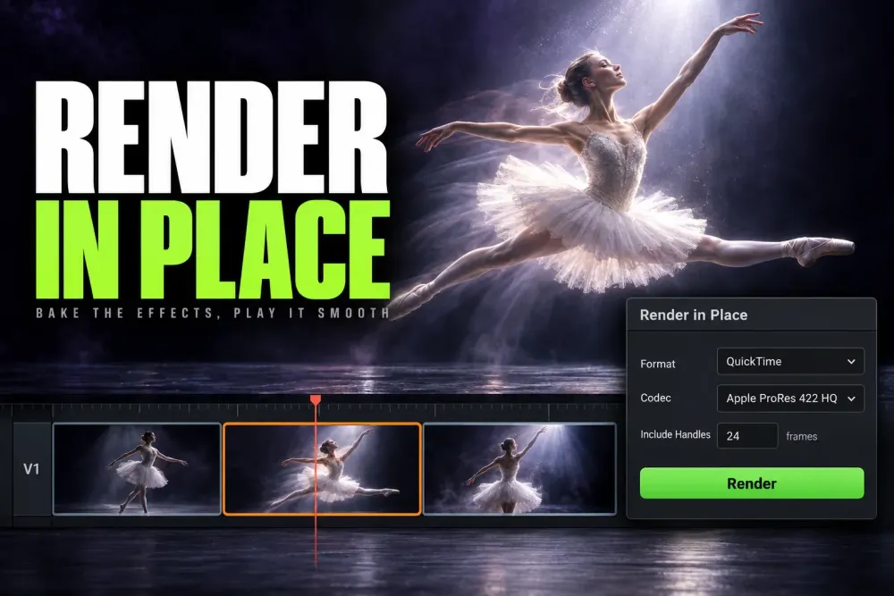Ballerina mid-leap in a beam of light, above a timeline with the middle clip selected and a Render in Place window set to QuickTime, Apple ProRes 422 HQ and 24 frames of handles