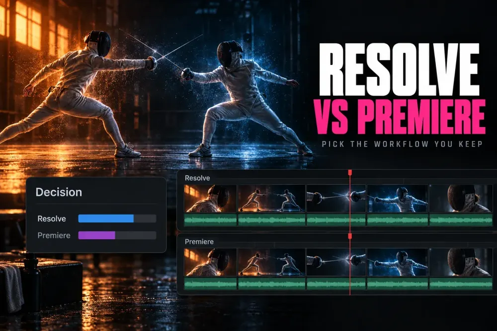 Two fencers lunging under orange and blue light, above Resolve and Premiere timelines holding the same clips and a Decision card with a blue and a purple bar