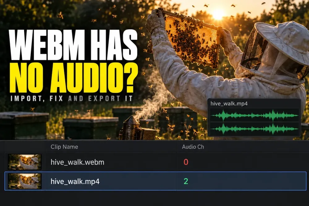 Beekeeper lifting a honeycomb frame into the evening sun, above a clip list where hive_walk.webm shows 0 audio channels and hive_walk.mp4 shows 2, next to its stereo waveform