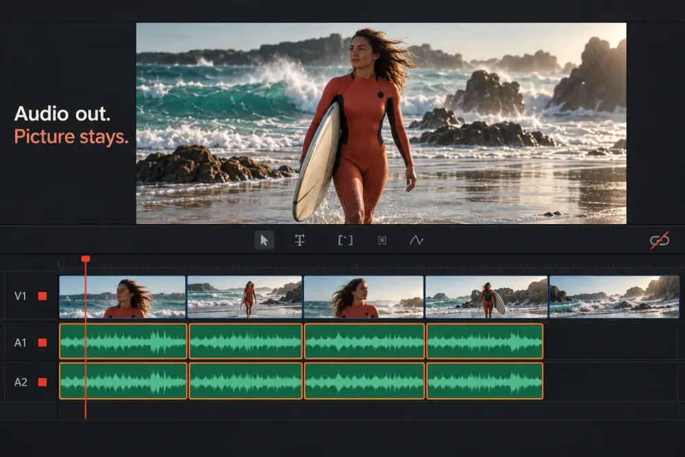 Surfer in a coral wetsuit carrying a longboard on a rocky beach, above a timeline where the audio under four clips on A1 and A2 is selected and Linked Selection is off
