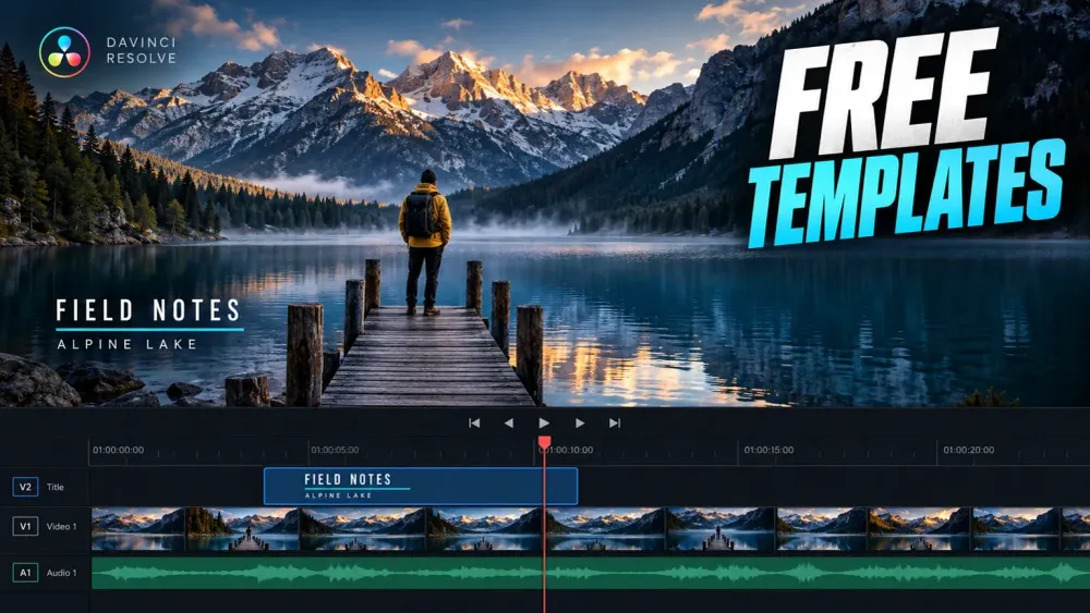 Alpine lake travel film with a Field Notes lower third above a Resolve timeline and a Free Templates headline.