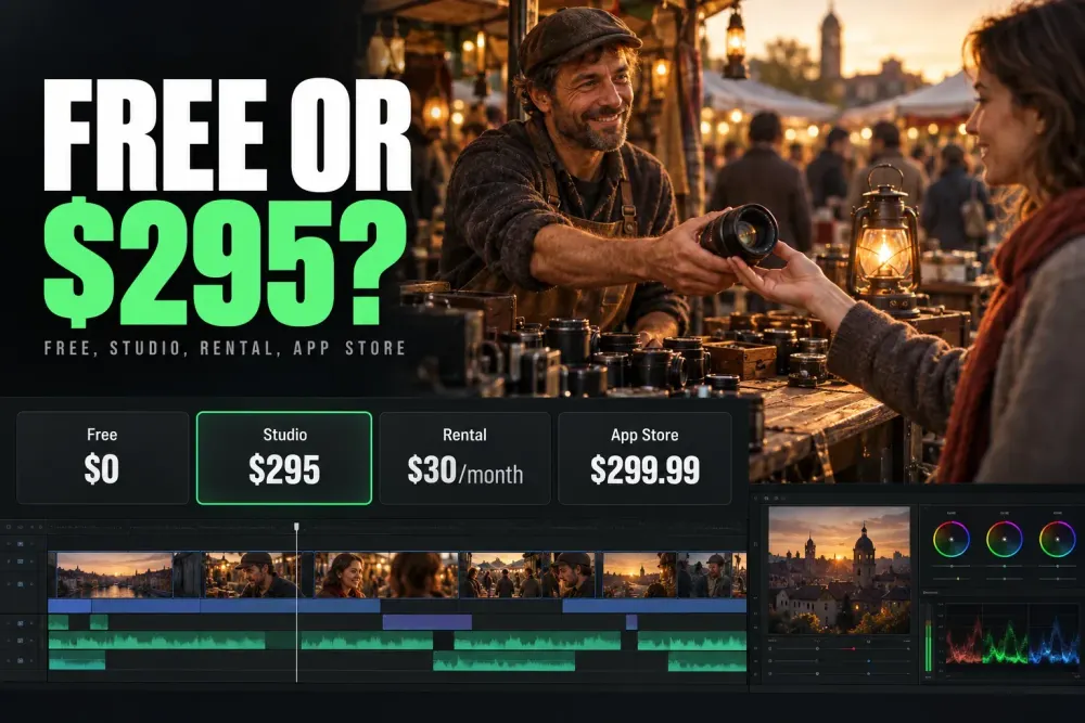 Vendor handing a camera lens across a flea-market table at golden hour, above four price cards: Free $0, Studio $295, Rental $30 a month and App Store $299.99