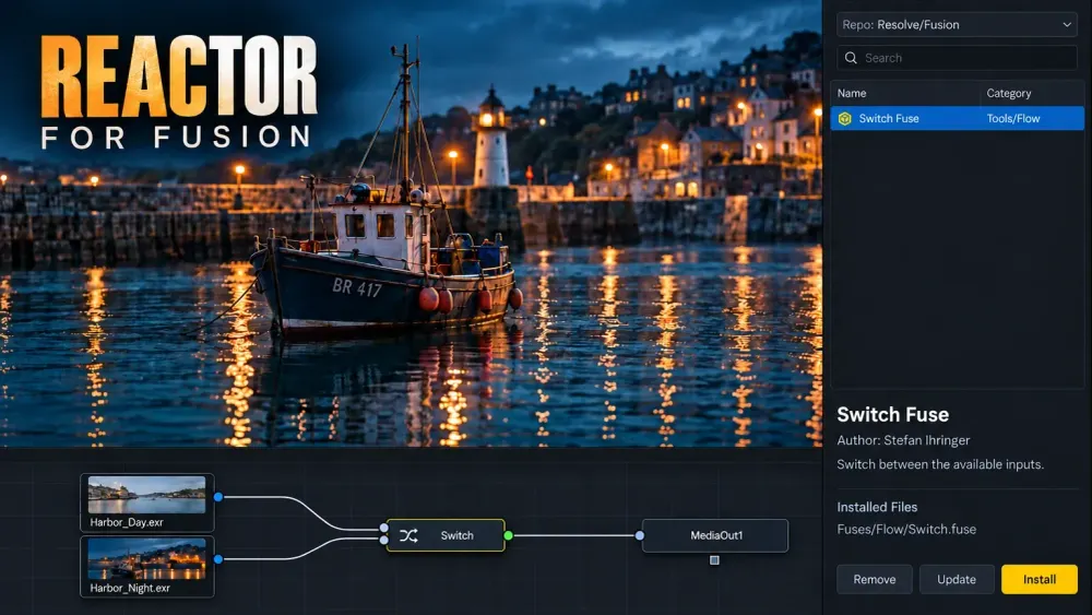 A harbor composite in Fusion beside Reactor’s Switch Fuse package, with a Reactor for Fusion headline.