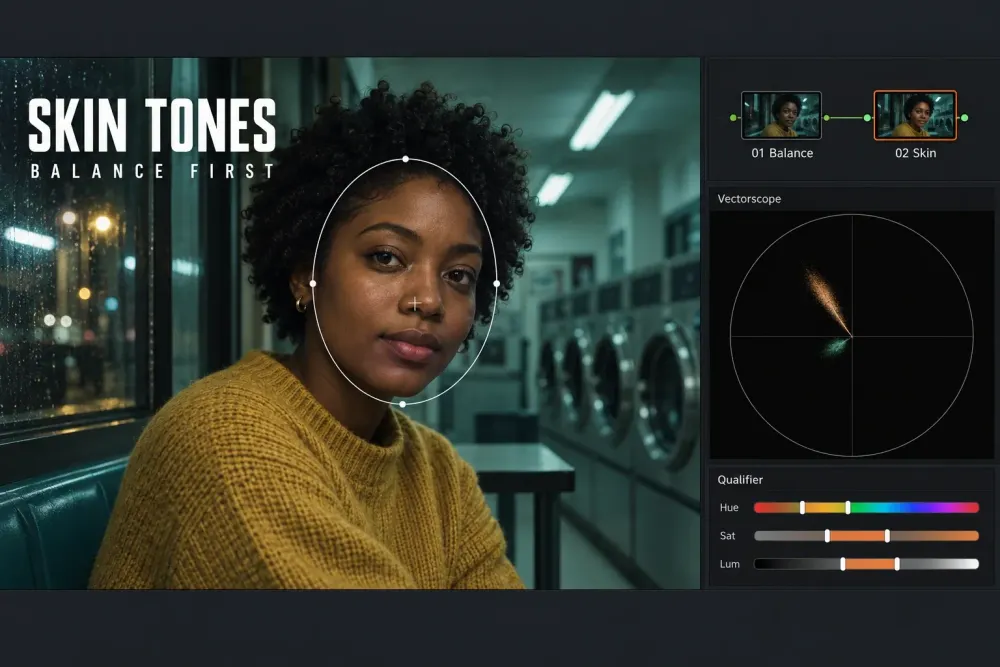A woman in a green-lit laundromat with a soft oval window on her face, a 01 Balance then 02 Skin node chain, a skin trace pointing up-left on the vectorscope and HSL qualifier ranges