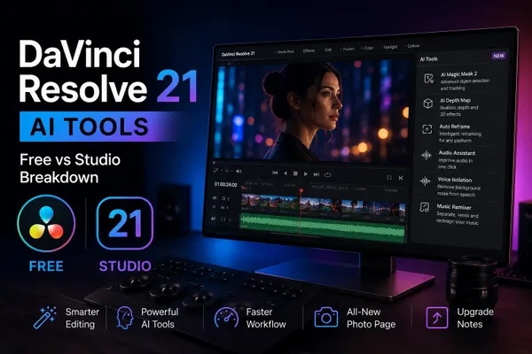 DaVinci Resolve 21 AI tools grouped by Free and Studio availability