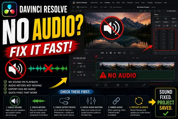 DaVinci Resolve Fairlight mixer with silent audio monitoring