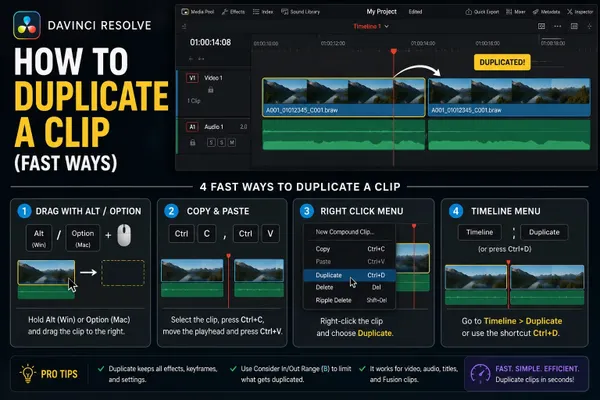 DaVinci Resolve timeline clip duplicated with the Option-drag workflow