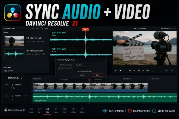 DaVinci Resolve 21 matching camera and external recorder waveforms at a clap for audio video sync