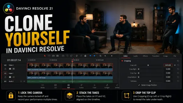 DaVinci Resolve 21 clone effect with locked camera, stacked V1 V2 takes and Inspector Cropping