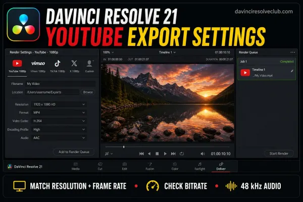 DaVinci Resolve 21 YouTube export settings on the Deliver page with MP4 H.264 High and 48 kHz audio