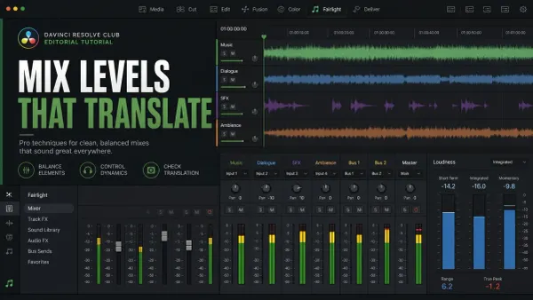 Fairlight loudness meters showing peaks and LUFS on a finished mix