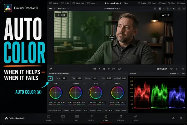 DaVinci Resolve Auto Color A button with before and after frame and RGB parade