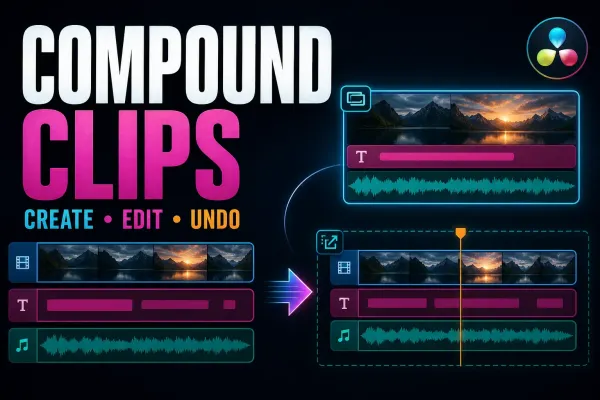DaVinci Resolve compound clip containing layered video, titles and audio