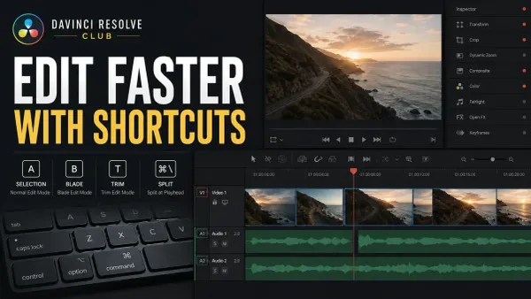 DaVinci Resolve keyboard shortcut map for selection, blade, trim, and split at playhead