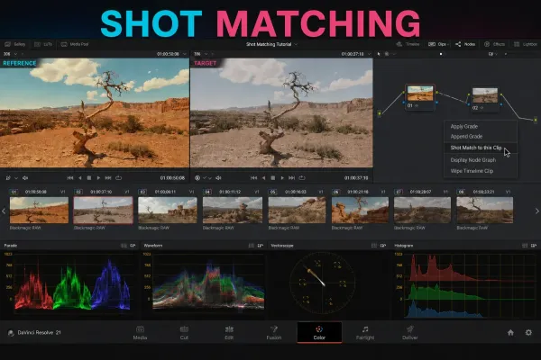 DaVinci Resolve 21 Shot Matching between reference and target clips with scopes