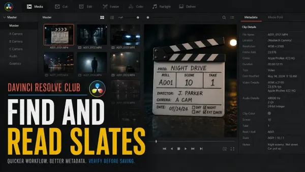 DaVinci Resolve 21 Slate Finder identifying a clapperboard and metadata