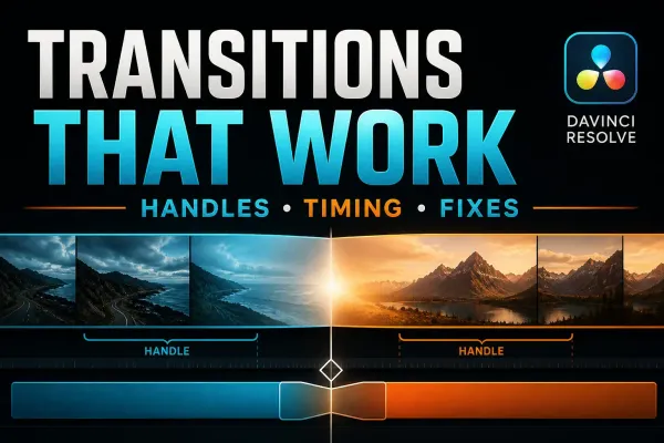 DaVinci Resolve transition between two clips with visible trim handles