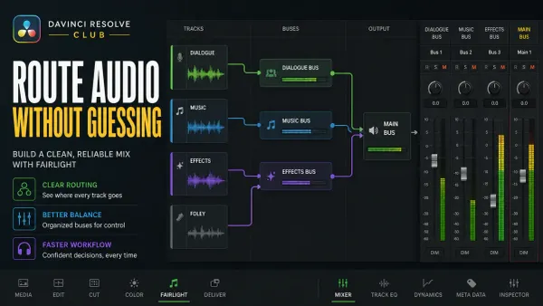 Dialogue, music, effects and Foley tracks routed through matching Fairlight buses to the Main bus