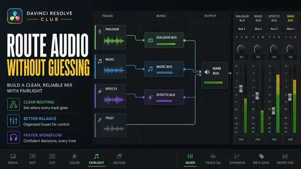 Dialogue, music and effects tracks routed through Fairlight buses to a stereo output