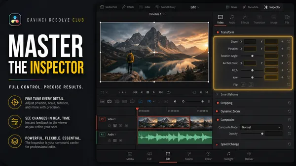 DaVinci Resolve Inspector with transform, crop and keyframe controls