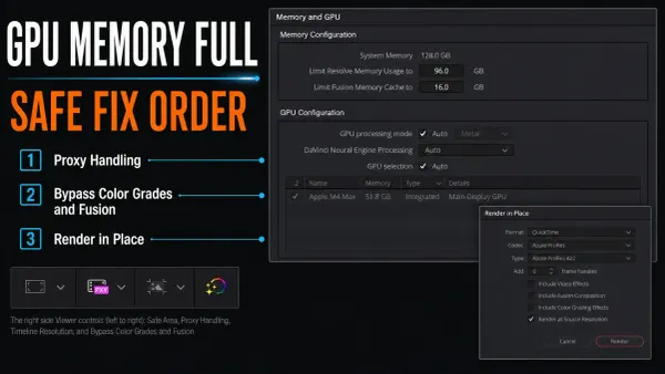 Resolve 21 Memory and GPU, Proxy Handling, bypass, and Render in Place controls for fixing allocation errors