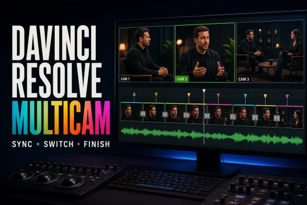 DaVinci Resolve multicam edit with three camera angles and an active timeline cut