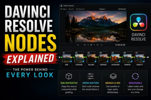 DaVinci Resolve Color page node graph showing order, parallel branches and a labeled grading workflow