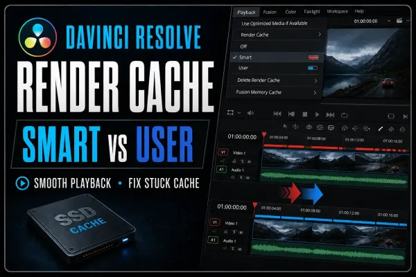 DaVinci Resolve Render Cache guide comparing Smart and User modes with red and blue timeline cache bars