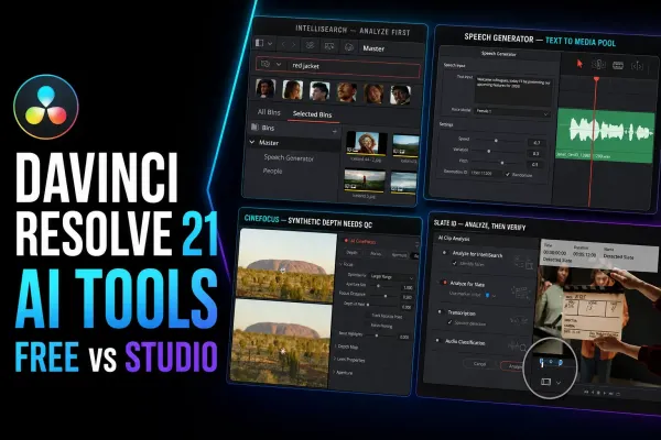 DaVinci Resolve 21 AI tools cover with IntelliSearch, Speech Generator, CineFocus and Slate ID interfaces