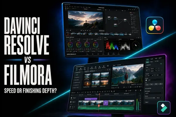 DaVinci Resolve 21 and Filmora 15 editing interfaces compared side by side